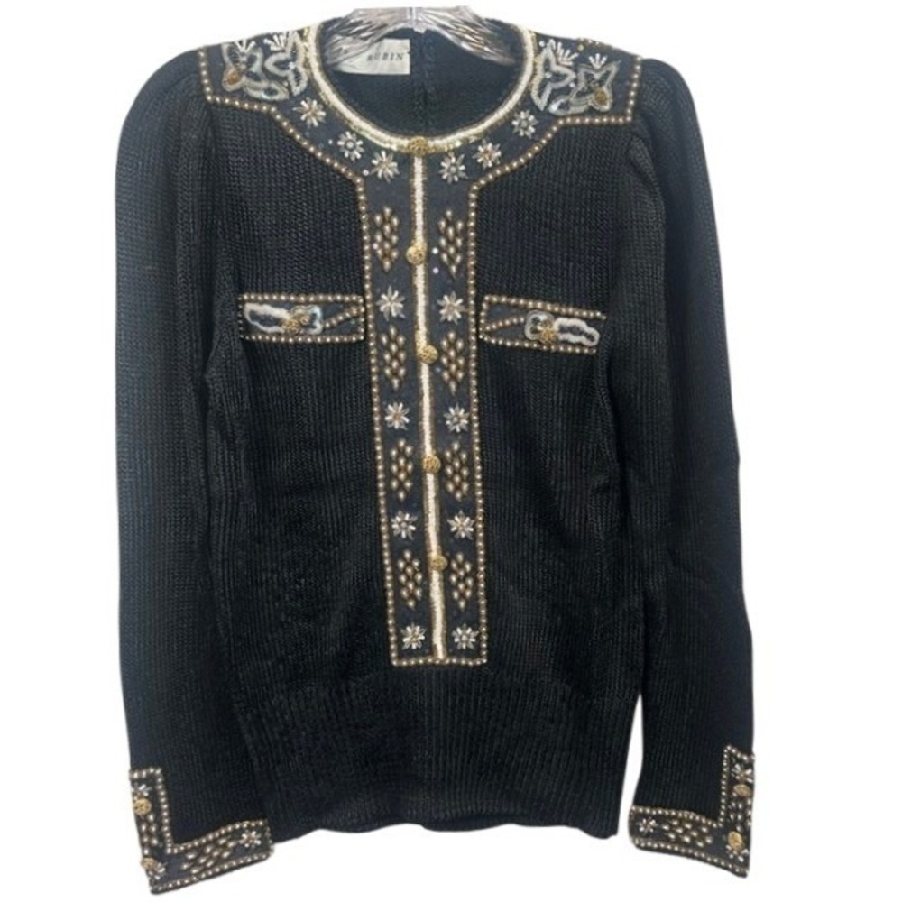 Lillie Rubin Vintage Black Gold Embellished Sequin Beaded Knit Sweater 1980s MD